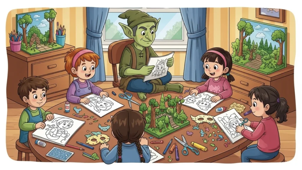 Kids making goblin crafts from coloring pages