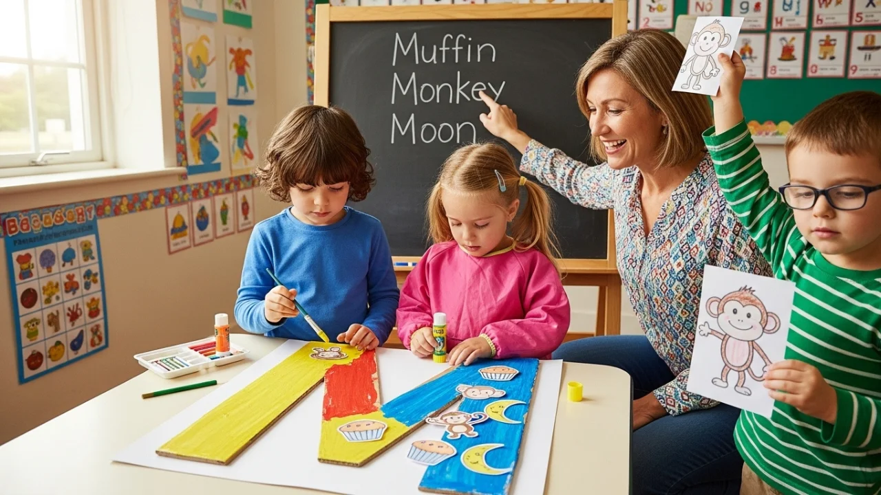 Kids making letter M crafts together