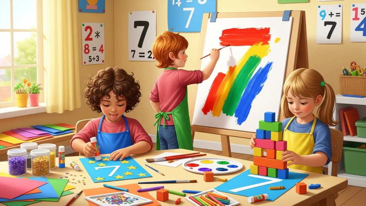 Kids making number 7 crafts with stars, paint, and blocks