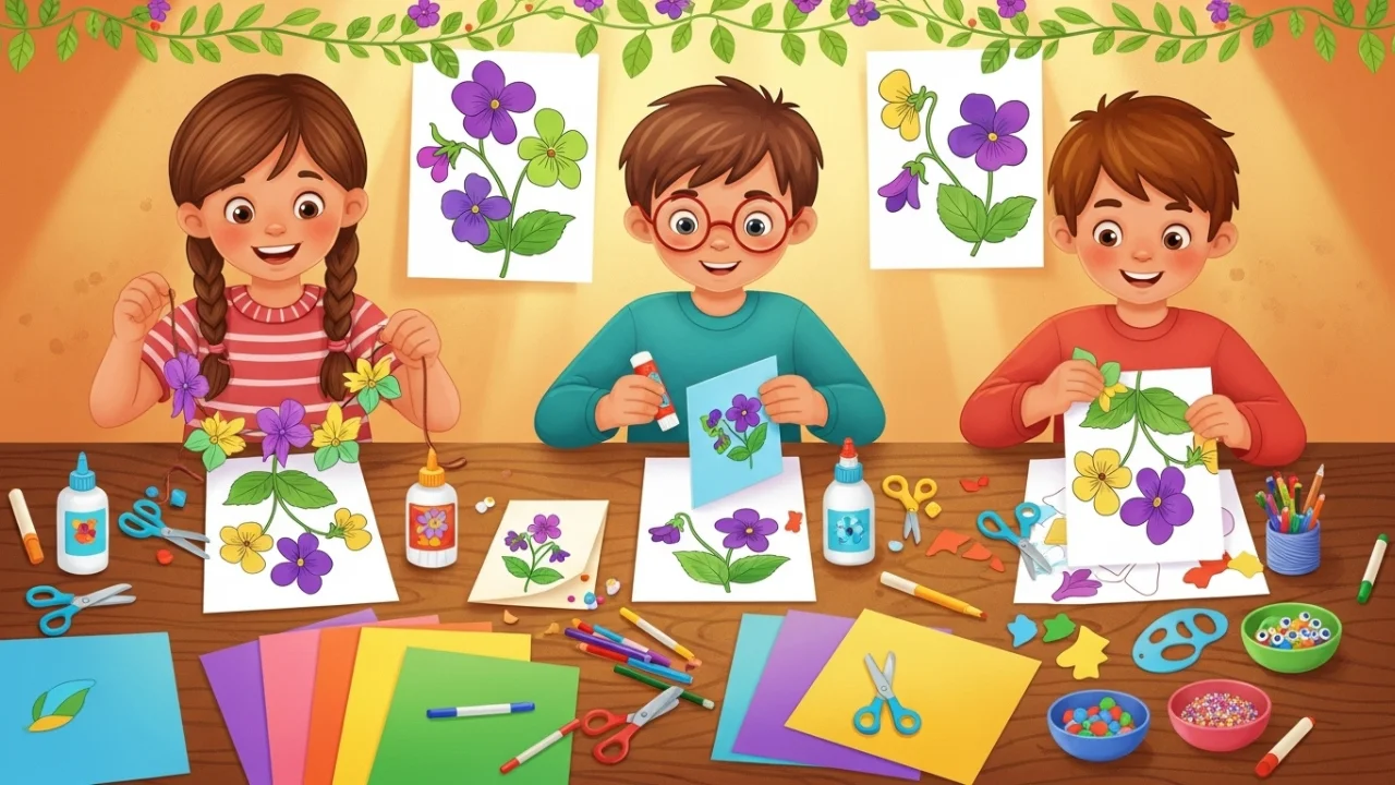 Kids making spring crafts with violet flower coloring page