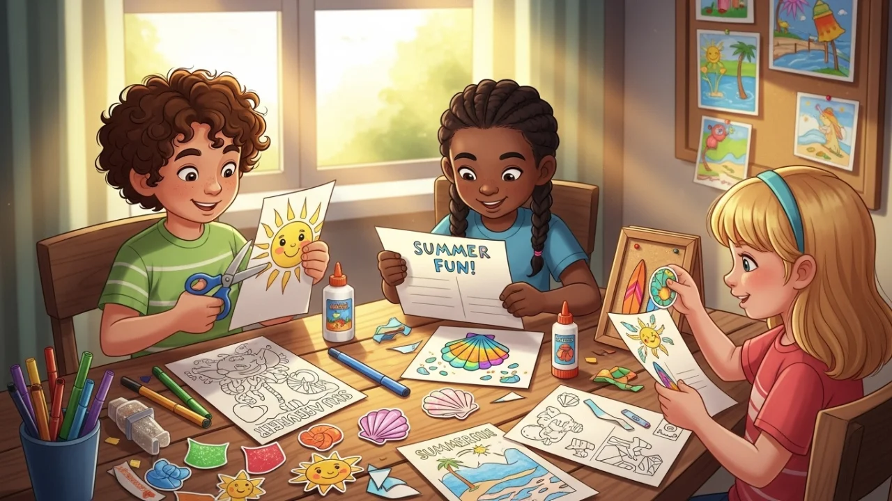 Kids making summer crafts from coloring pages