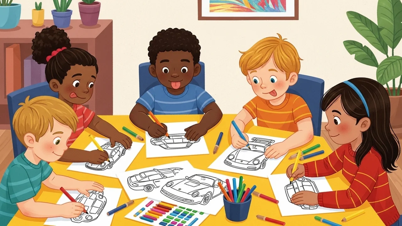 Kids noticing details while coloring Porsches