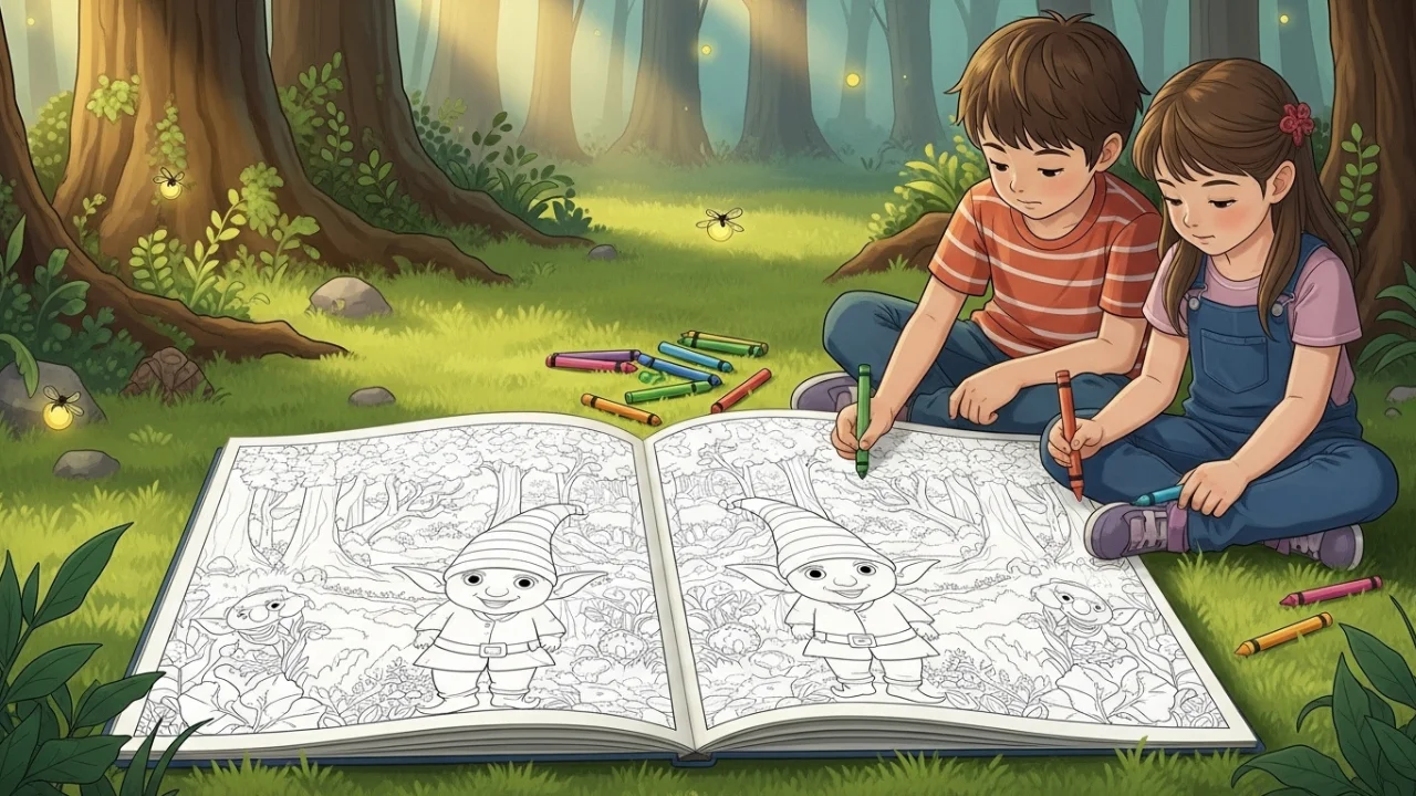 Kids observing and coloring hidden goblin details