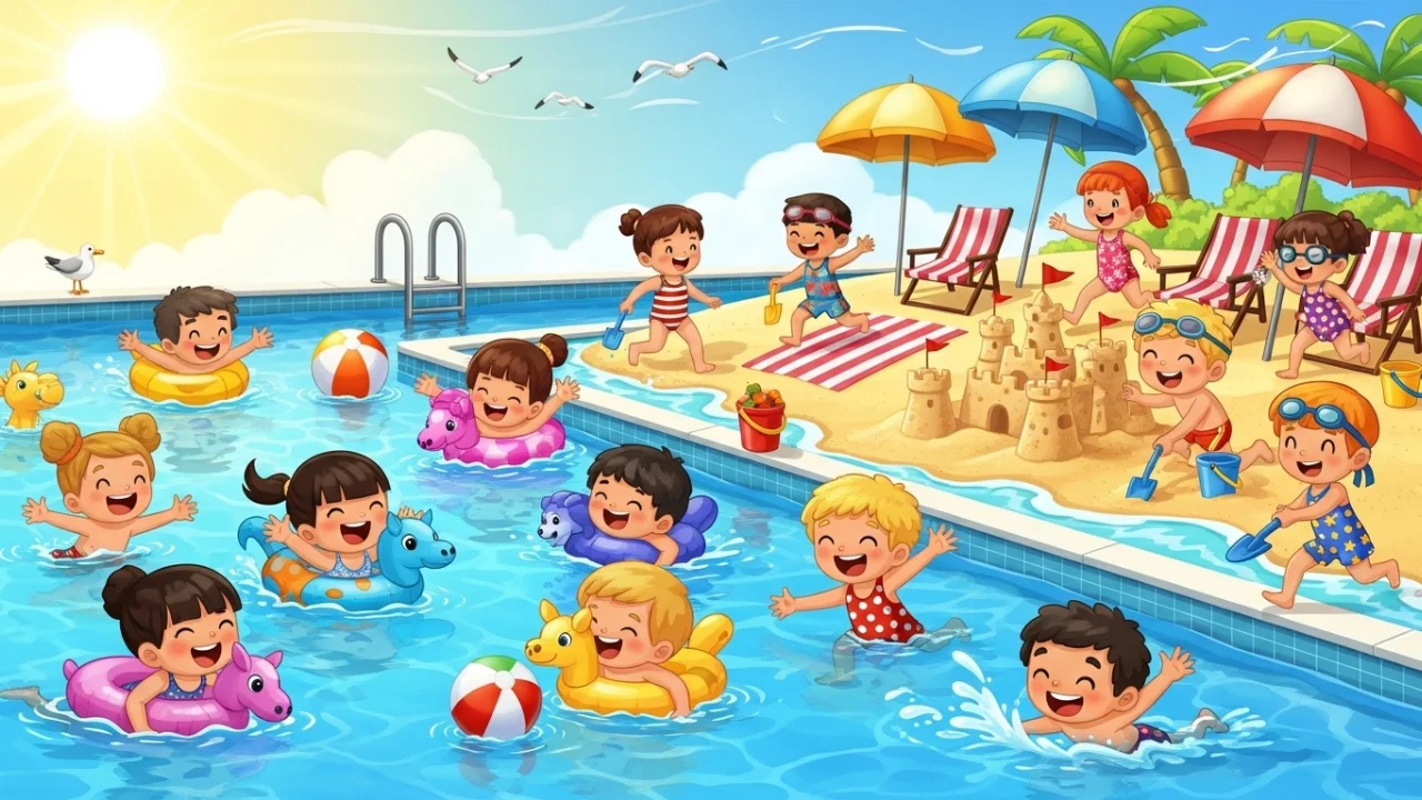Kids playing at the beach and pool