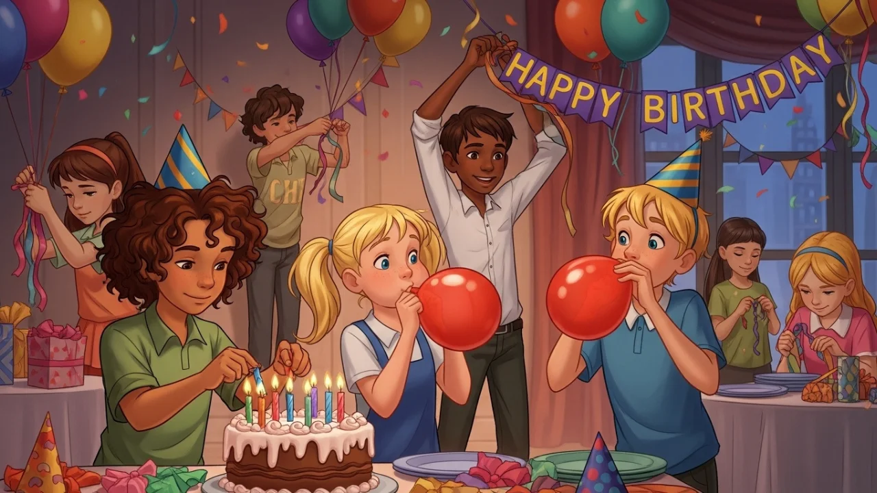 Kids showing team work in birthday decoration
