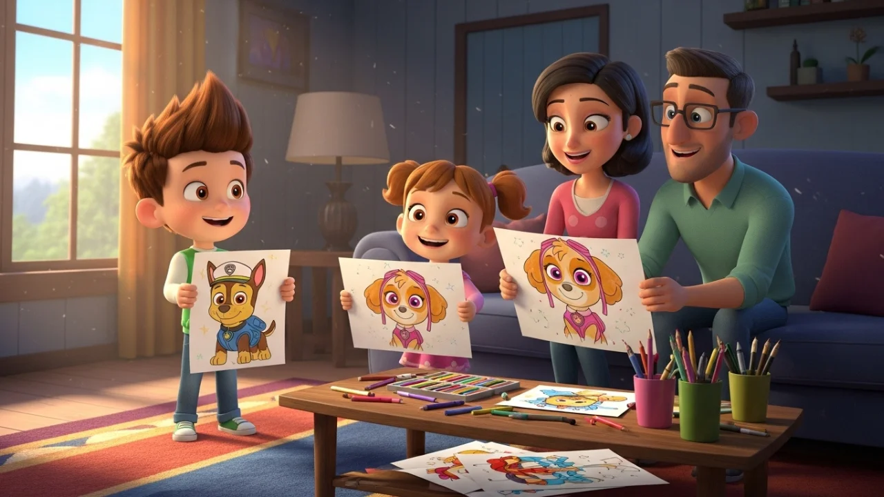 Kids showing their paw patrol coloring pages to the parents