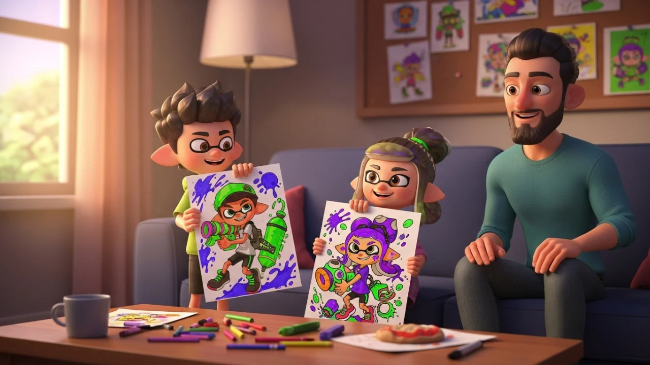 Kids showing their splatoon coloring pages to the parents