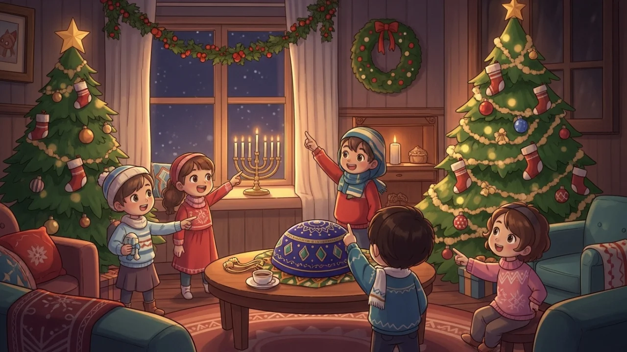 Kids spotting diverse holiday traditions joyfully