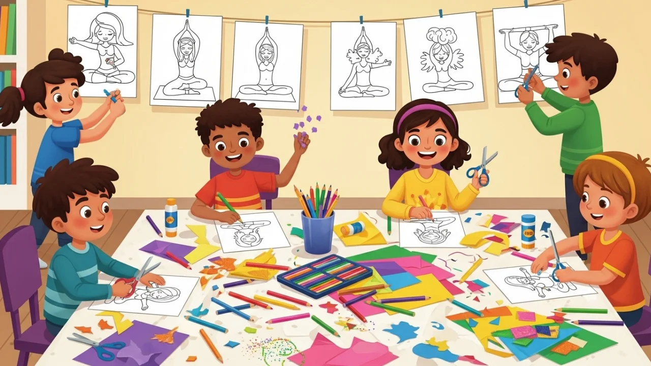 Kids using yoga coloring pages for fun art and craft projects