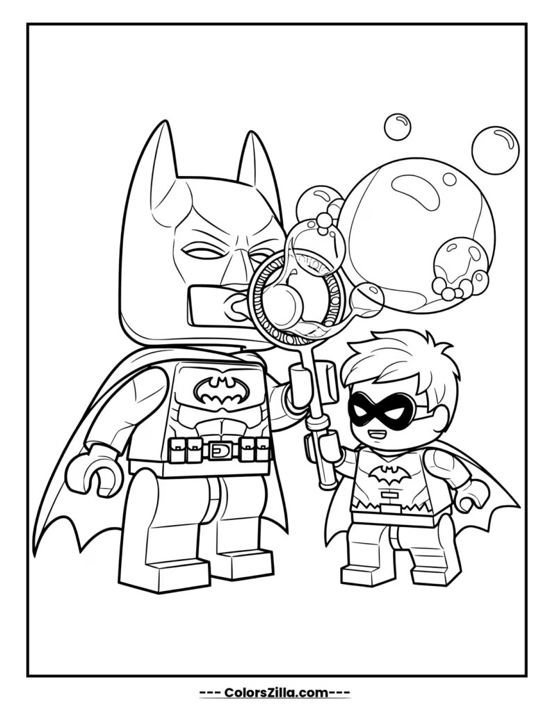 Lego Batman and Lego Robin are shown together, with Robin blowing a large stream of bubbles
