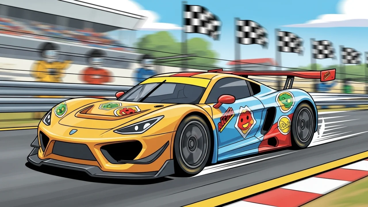 Modified race car with aerodynamic design and bright stickers