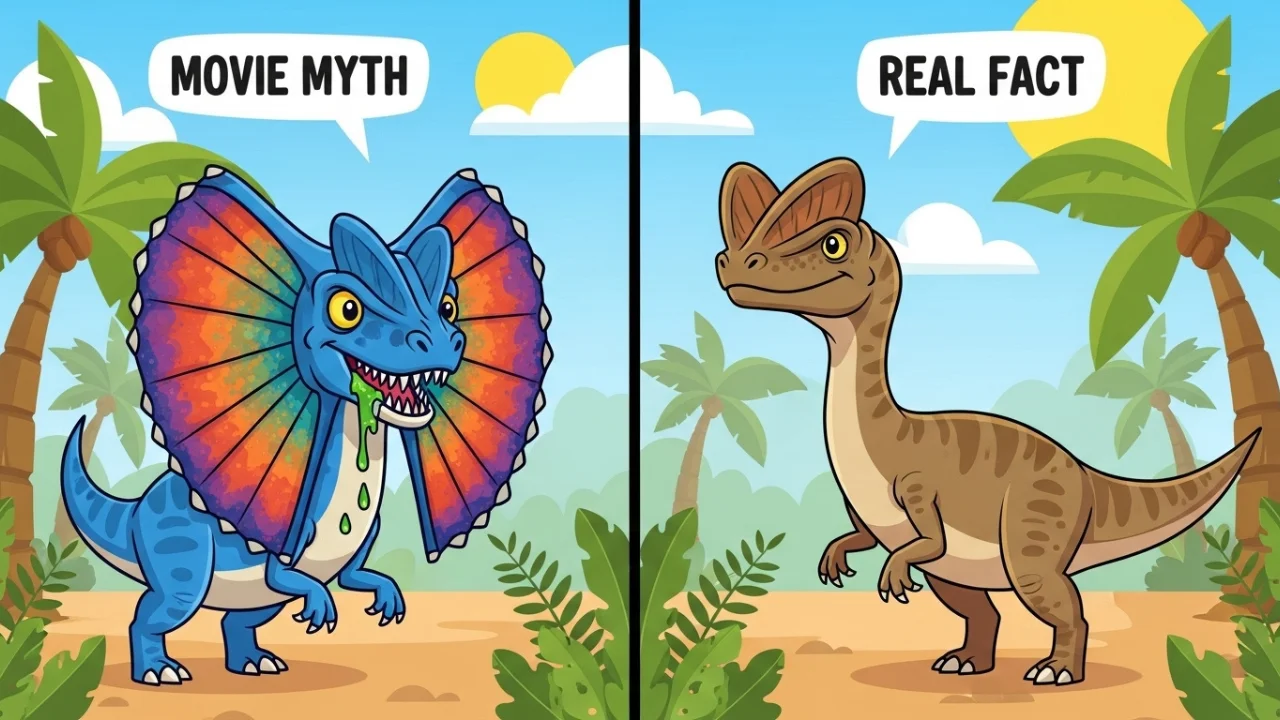 Movie vs real Dilophosaurus comparison in kid-friendly cartoon style