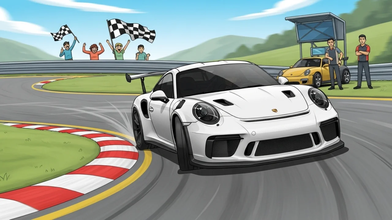 Porsche 911 GT3 RS Turbo racing around a track corner
