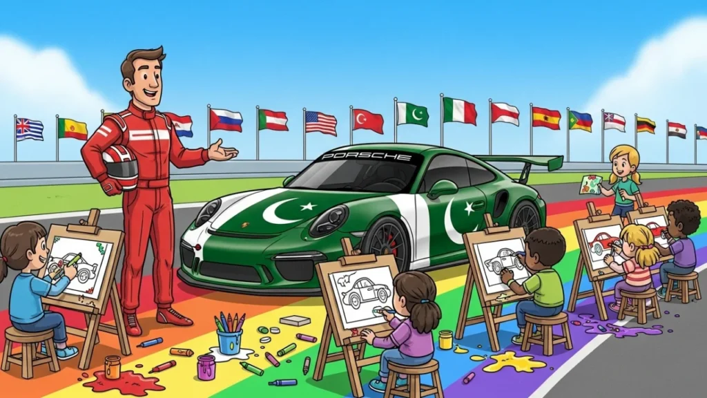 Porsche racer guiding kids coloring cars