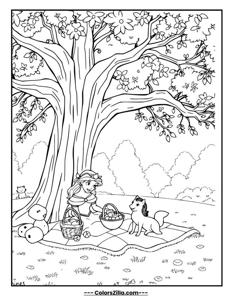 Princess Belle enjoys a cheerful picnic under a big tree with a blanket, fruit basket, and her forest friends
