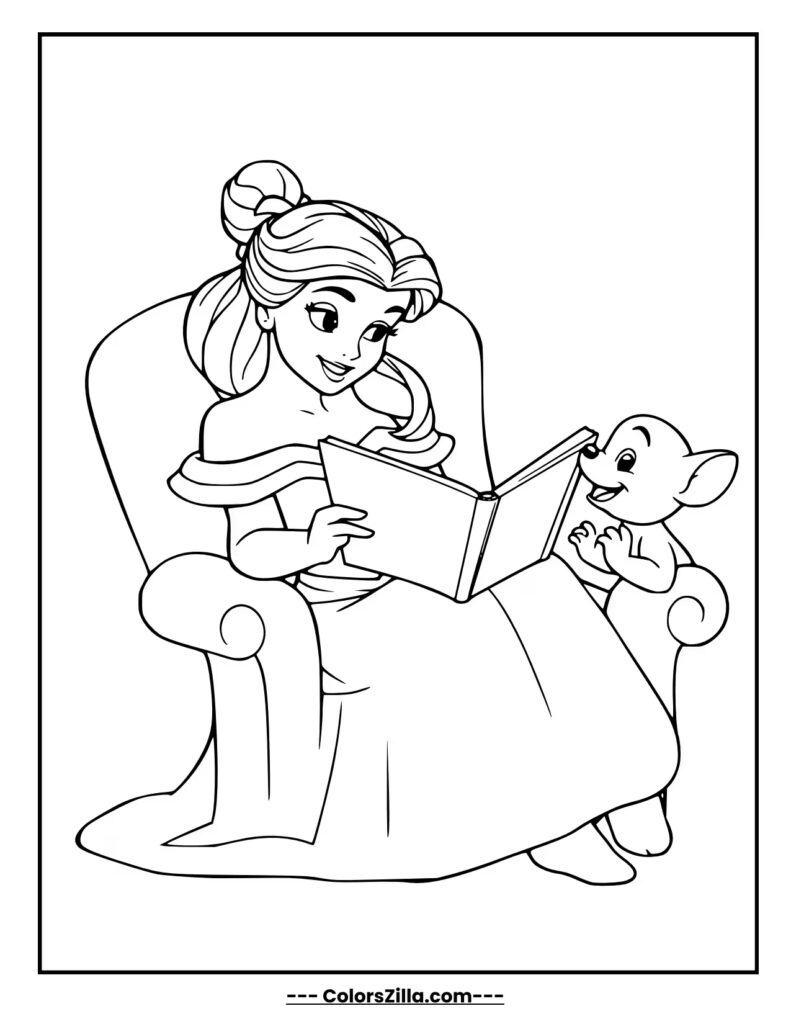 Princess Belle sits on a cozy chair, reading a storybook aloud while little Chip listens happily beside her