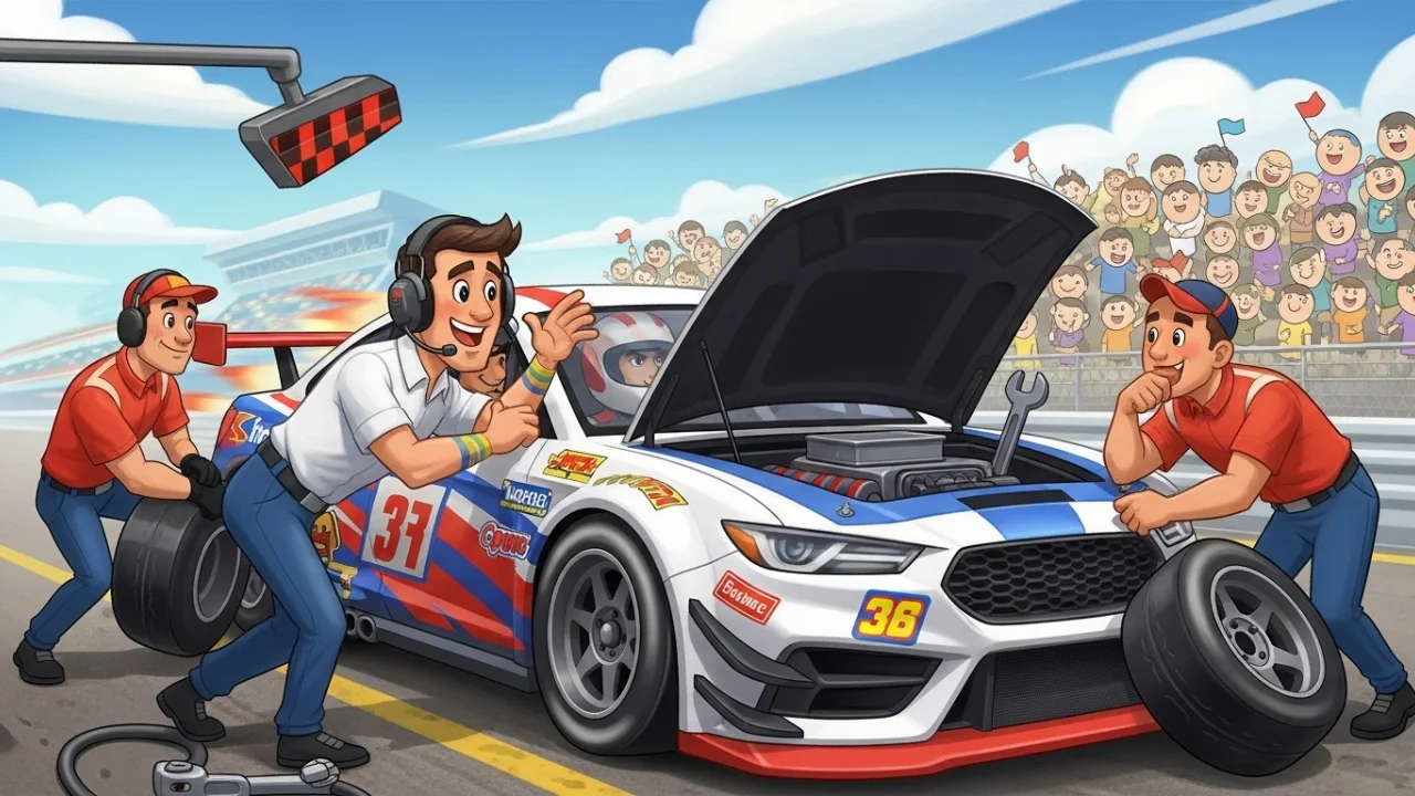 Race car pit stop with crew and coach guiding driver