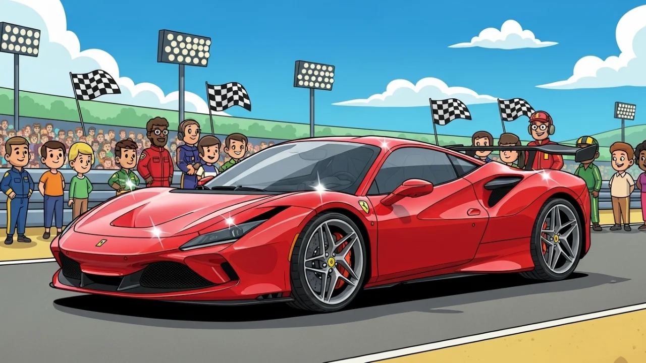 Red Ferrari F8 Tributo on the racetrack with cheering fans