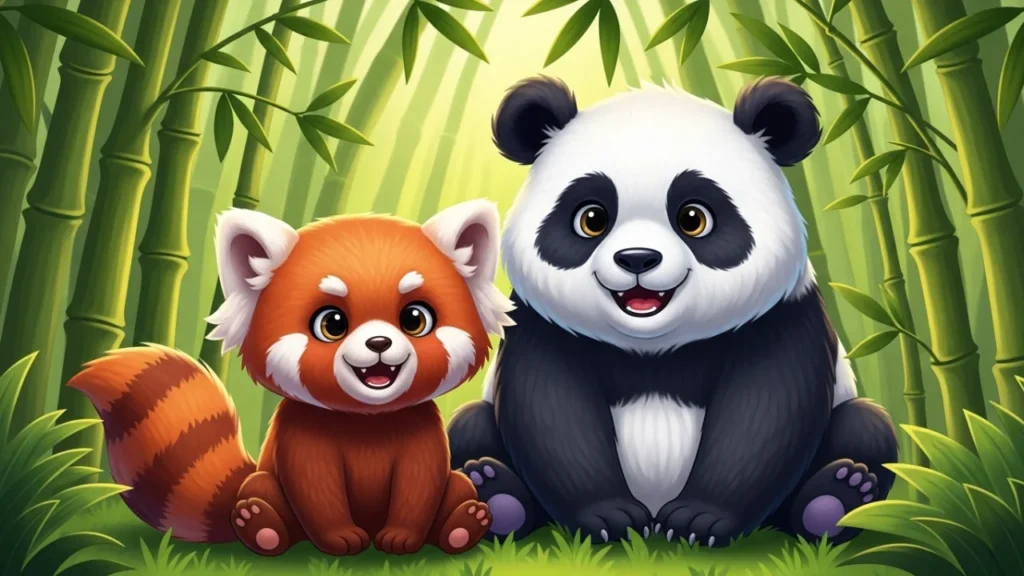 Red panda and giant panda together in a bamboo forest