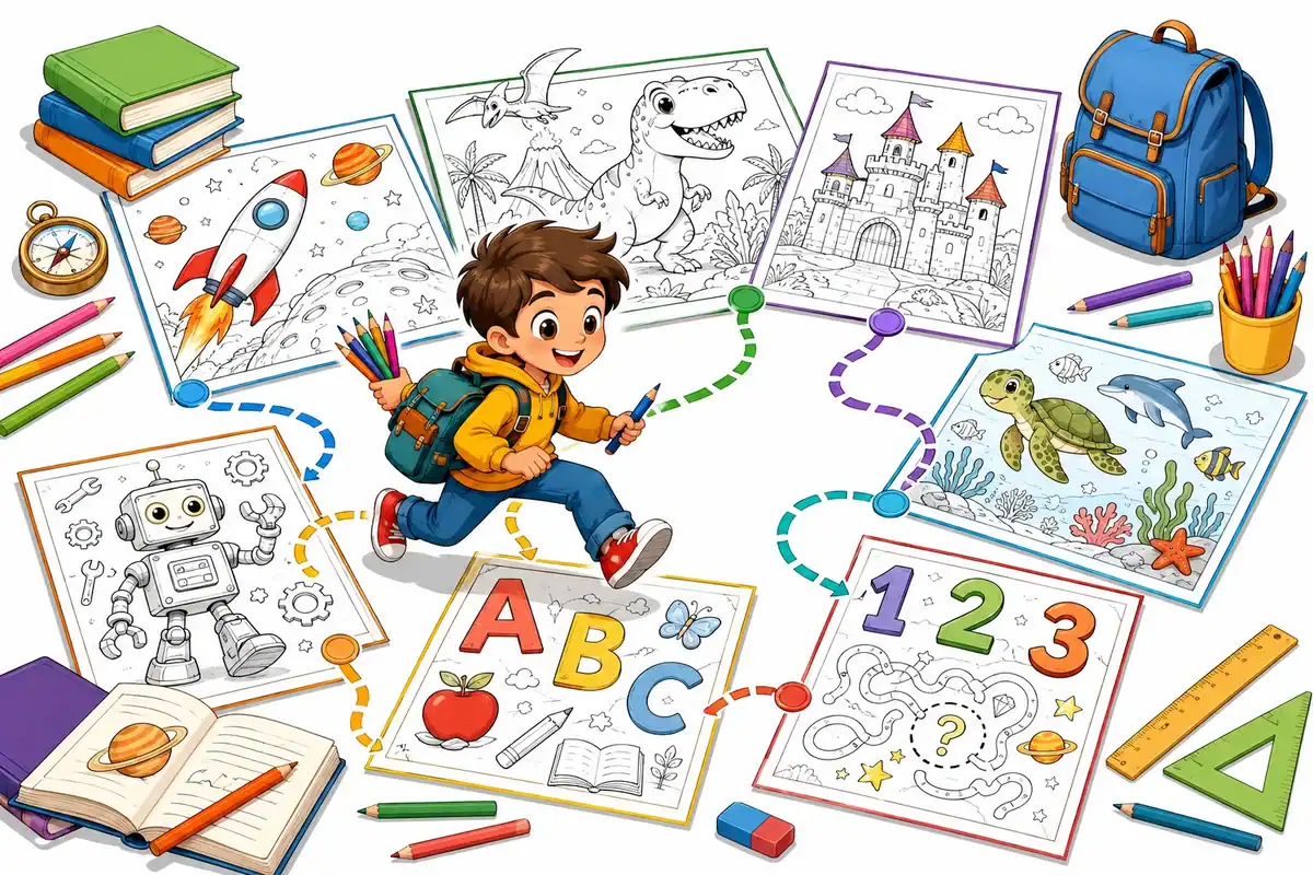 Detailed school age coloring page with intricate line art for ages 6 to 10