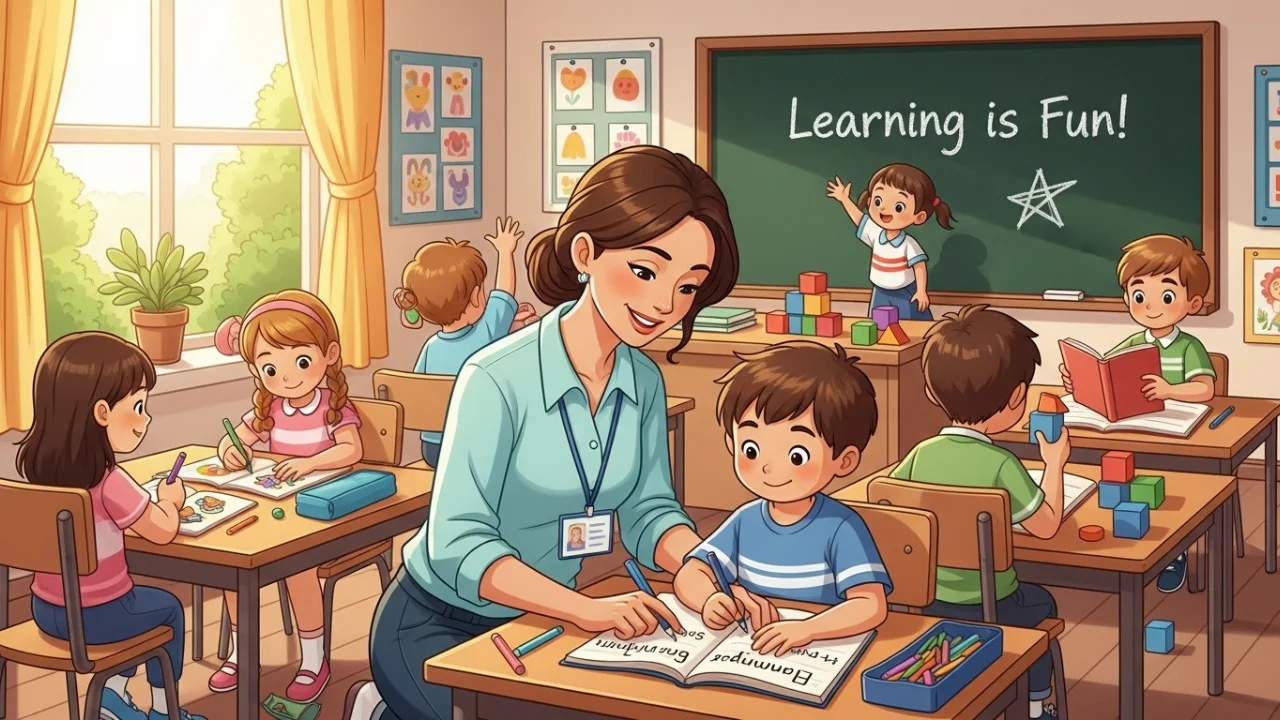 Teacher helping students in cheerful classroom