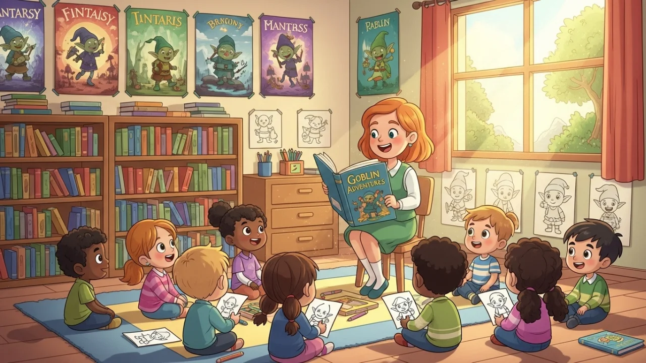 Teacher reading a goblin story to students