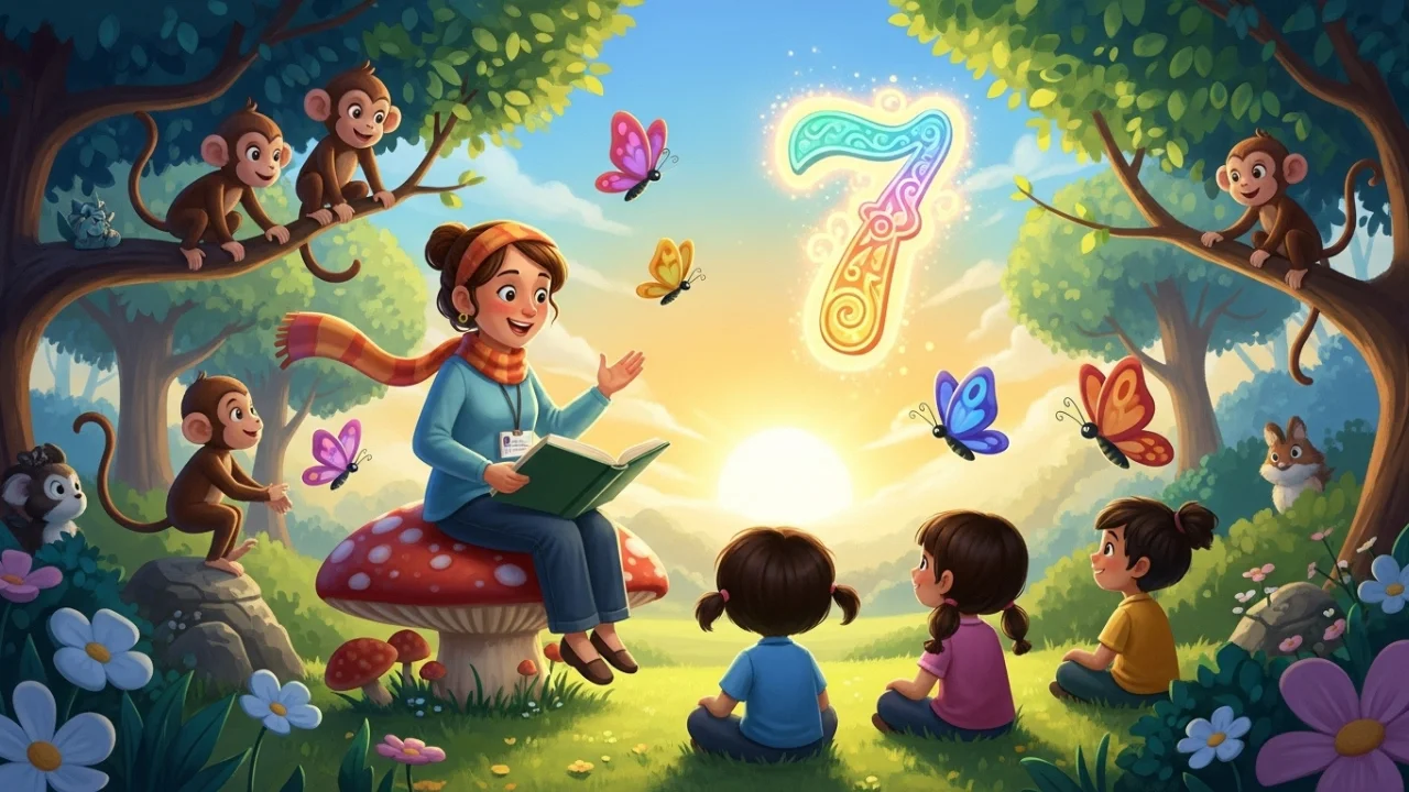Teacher telling a story to seven colorful characters with number 7 glowing behind