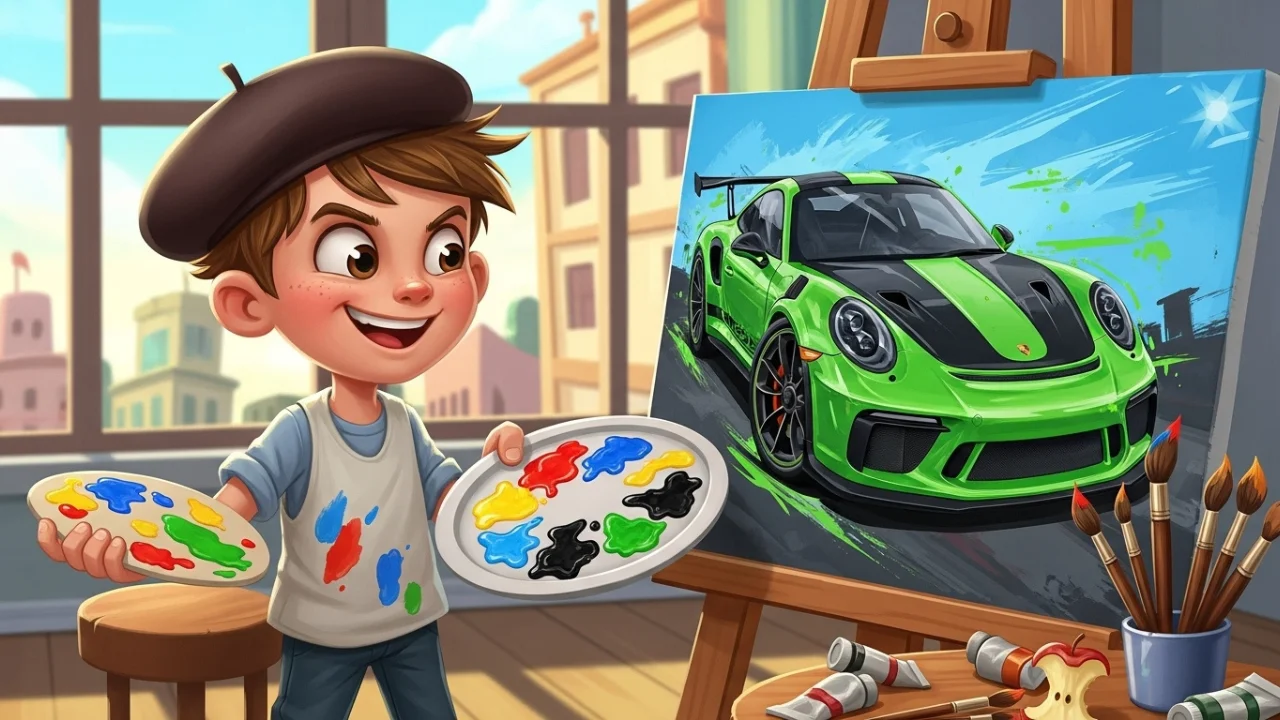 boy practicing art skills with Porsche coloring pages