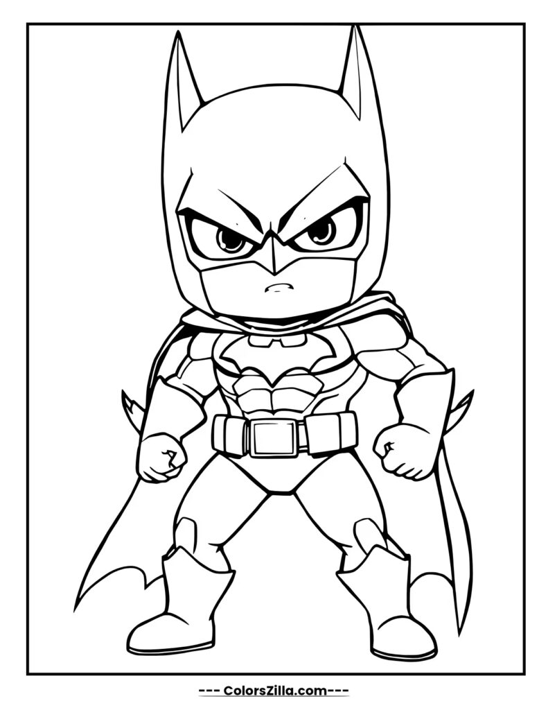 chibi style Batman stands in a powerful pose with clenched fists and an intensely angry expression