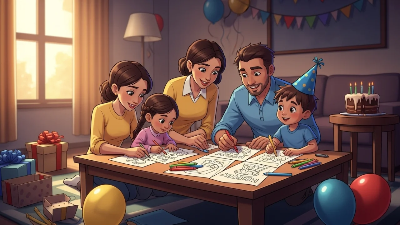 parents helping kids in coloring birthday coloring pages