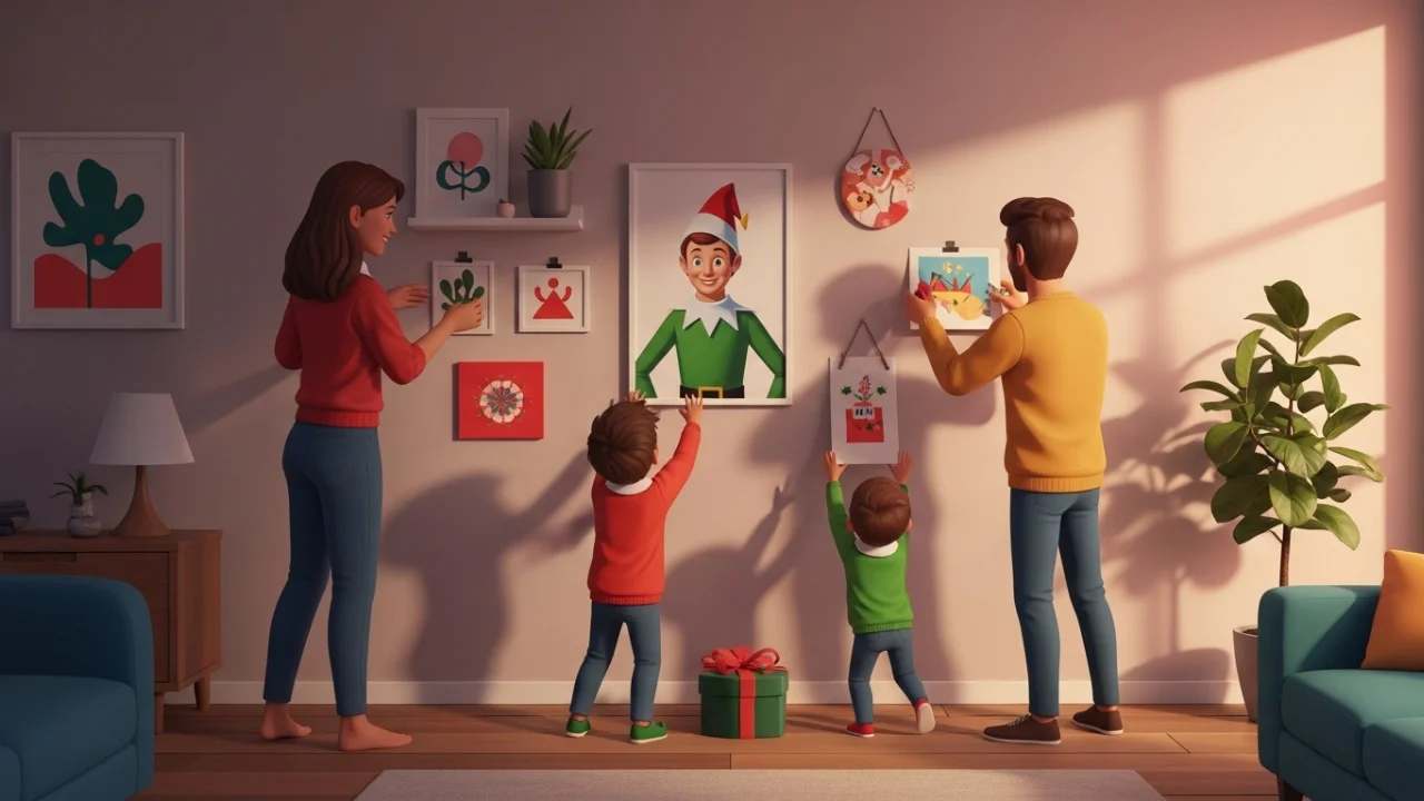 parents helping kids in hanging Elf potrait on the wall