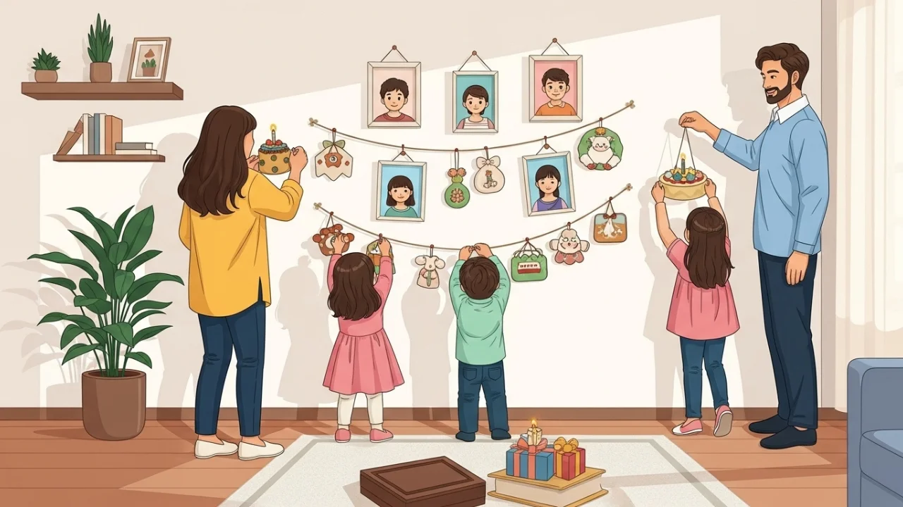 parents helping kids in hanging birthday potraits on the wall