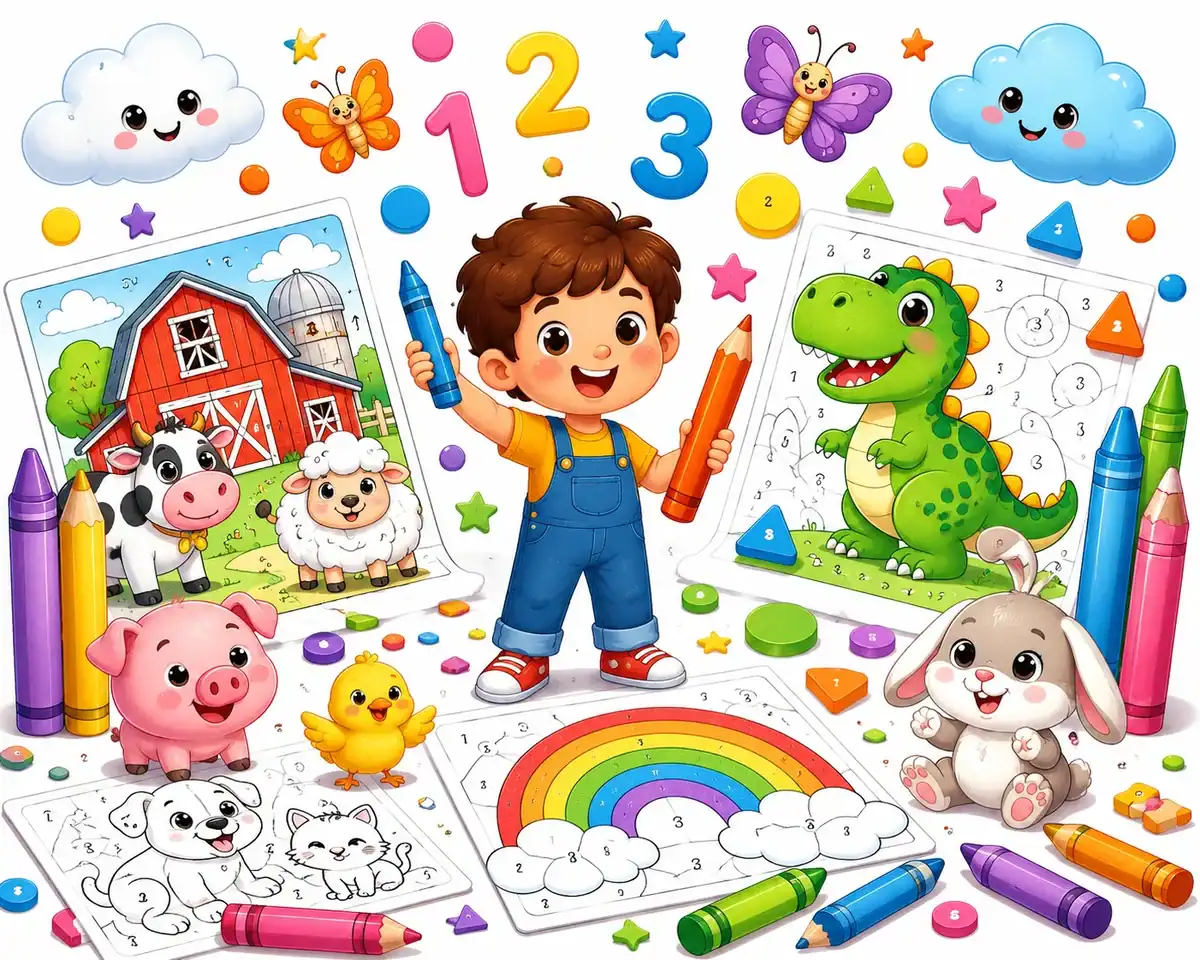 Preschool coloring page with simple characters for ages 4 to 6
