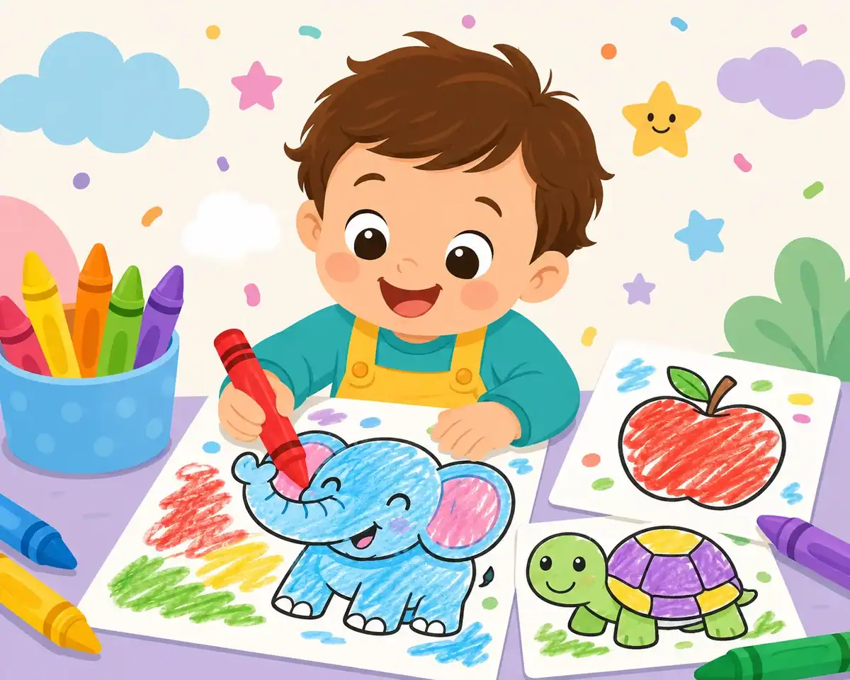 Colorful toddler coloring page with big simple animal shapes